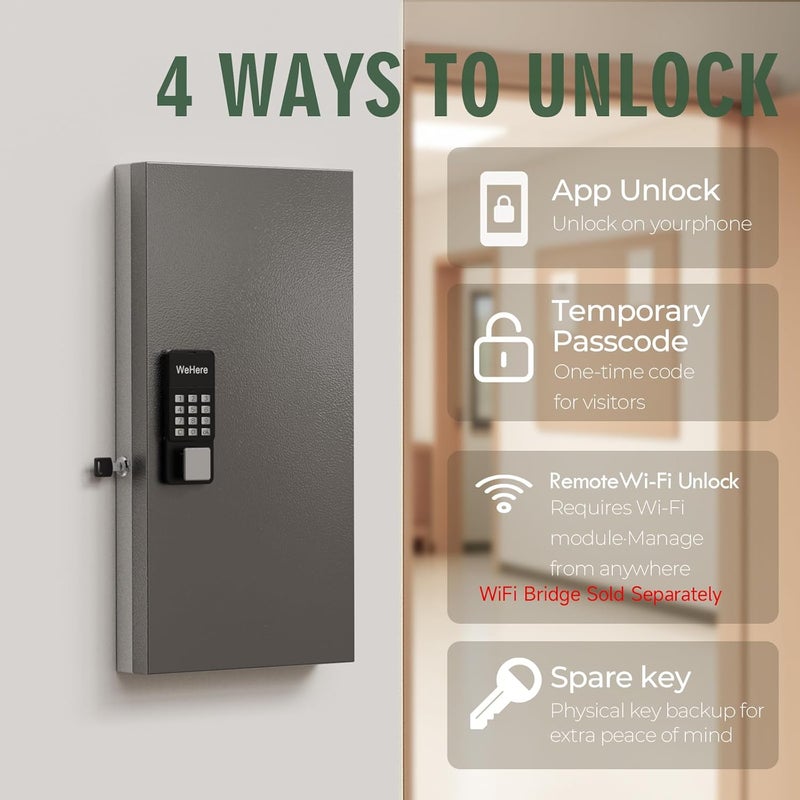 WeHere Smart Key Lock Box Wall Mount, 48 Key Cabinet with Bluetooth, 5-Ways Unlocking App Customizable Passwords, Key Organizer Holder Box, Efficient Key Management for Office, Realtor, Hotel, School - Image 3